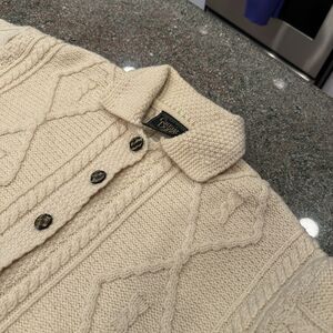 Carraig Donn Marino Wool Oatmeal Fisherman Cable Knit Cardigan Sweater Small